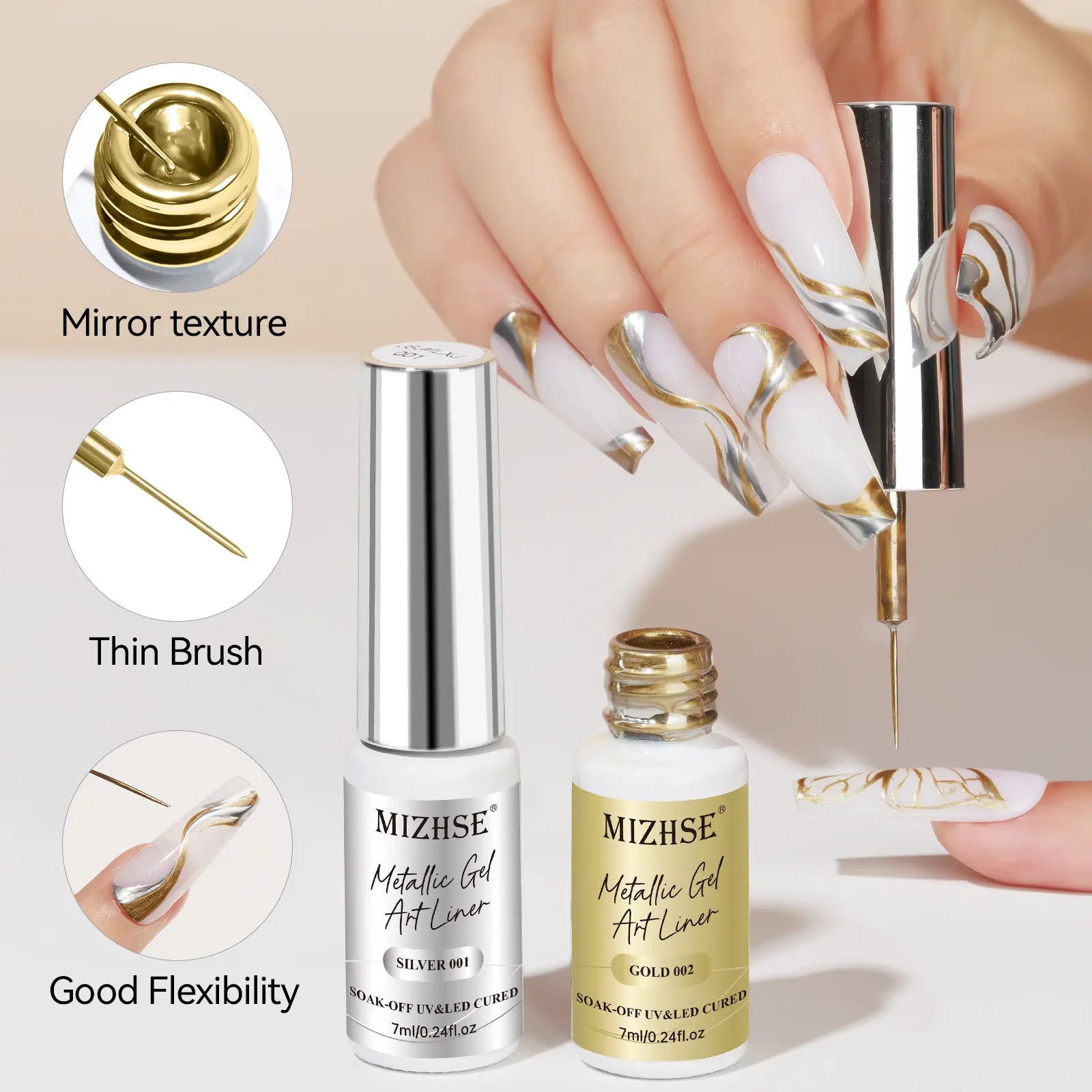 MIZHSE Gold and Silver Liquid Chrome Gel Liner Nail Art 3D Mirror Gel Paint 7ML, Metal Glossy Painting, Drawing Line Swirl, French Nail Design, Dotting Soak-Off Manicure Set