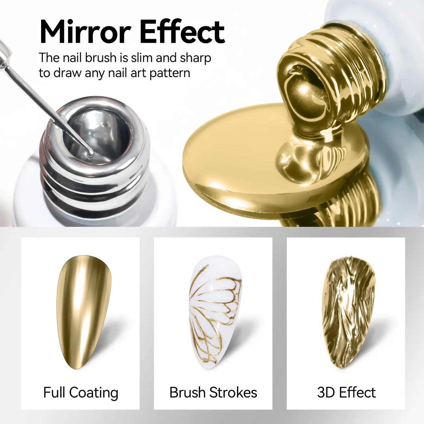 MIZHSE Gold and Silver Liquid Chrome Gel Liner Nail Art 3D Mirror Gel Paint 7ML, Metal Glossy Painting, Drawing Line Swirl, French Nail Design, Dotting Soak-Off Manicure Set