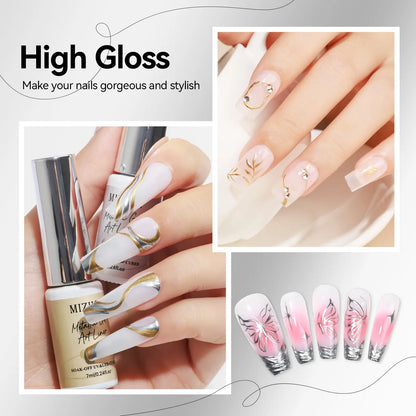 MIZHSE Gold and Silver Liquid Chrome Gel Liner Nail Art 3D Mirror Gel Paint 7ML, Metal Glossy Painting, Drawing Line Swirl, French Nail Design, Dotting Soak-Off Manicure Set