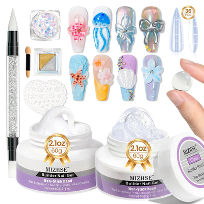 MIZHSE Solid Builder Gel Kit 2PCS 60G – Clear & White 3D Flower Sculpting Nail Gel with Chrome Powder for 3D Nail Art & Extensions